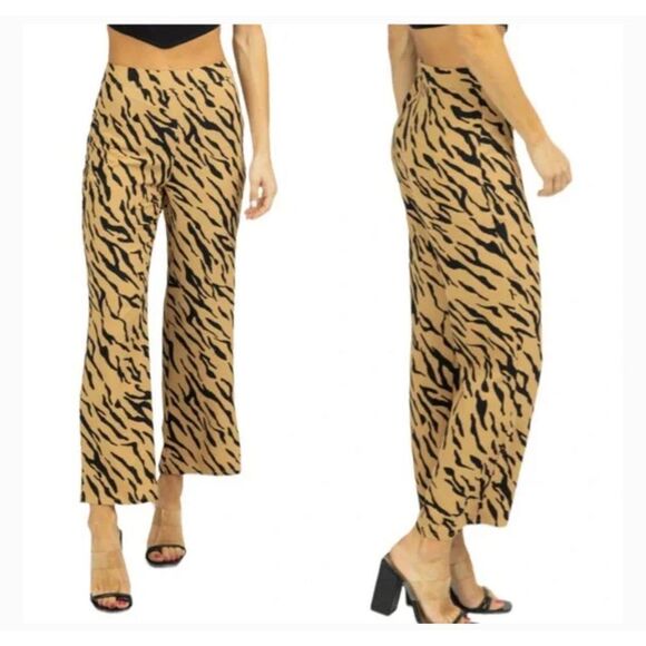 Le Lis Tan Zebra Stripe Silky Wide Leg Dress Pant (Medium) - Picture 1 of 13